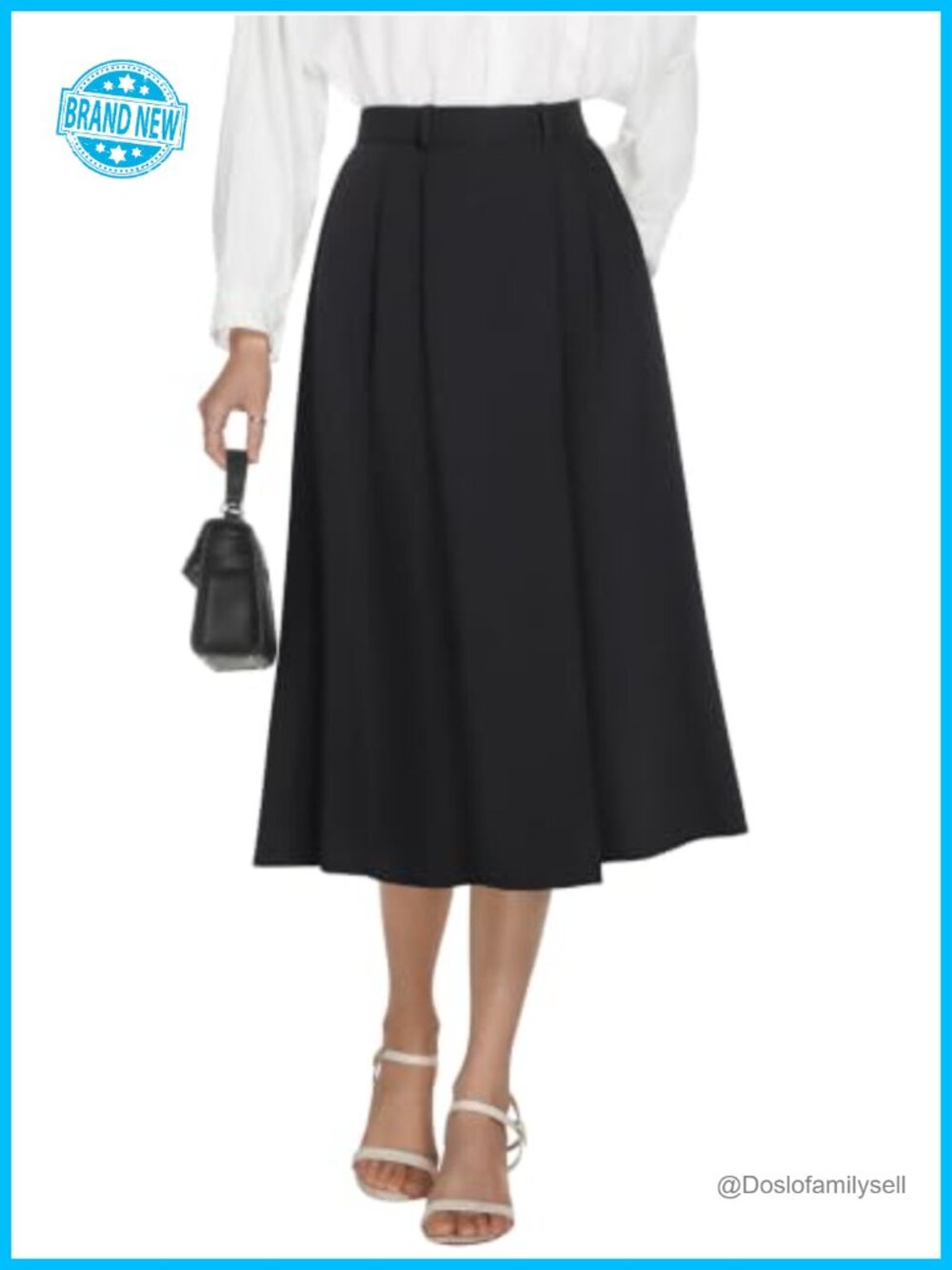 A-Line Midi Skirt High Waisted Pleated Side Slit Pockets Business Casual